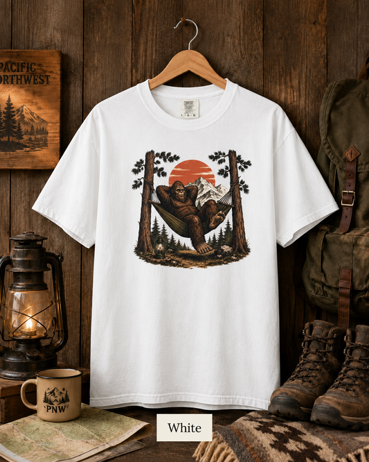 Bigfoot Hammock Camping Comfort Colors 1717 T-Shirt, Sasquatch PNW Hiking Shirt, Outdoorsy Mountain Cabin Tee
