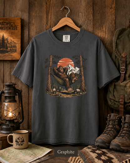 Bigfoot Hammock Camping Comfort Colors 1717 T-Shirt, Sasquatch PNW Hiking Shirt, Outdoorsy Mountain Cabin Tee