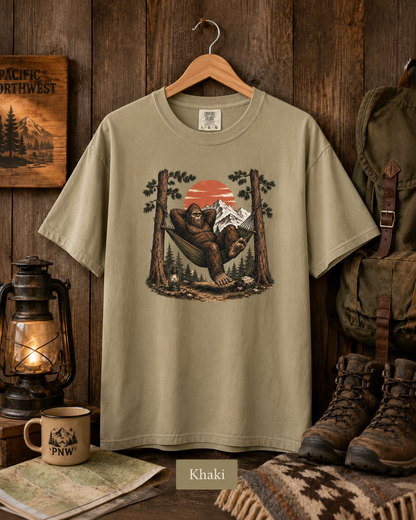 Bigfoot Hammock Camping Comfort Colors 1717 T-Shirt, Sasquatch PNW Hiking Shirt, Outdoorsy Mountain Cabin Tee