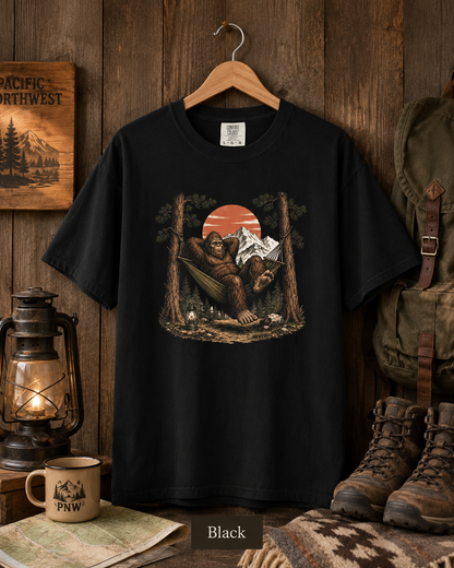 Bigfoot Hammock Camping Comfort Colors 1717 T-Shirt, Sasquatch PNW Hiking Shirt, Outdoorsy Mountain Cabin Tee