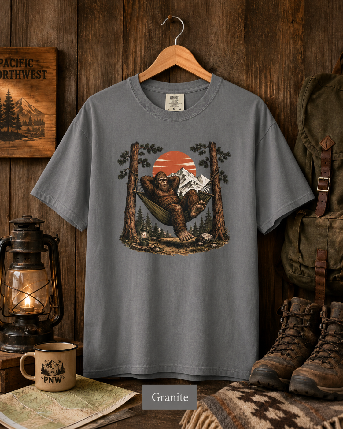 Bigfoot Hammock Camping Comfort Colors 1717 T-Shirt, Sasquatch PNW Hiking Shirt, Outdoorsy Mountain Cabin Tee