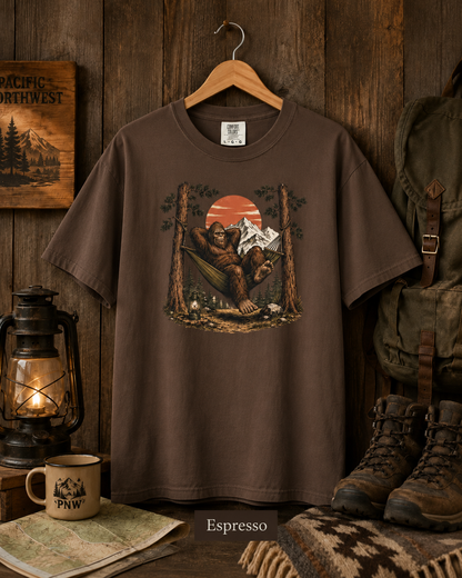 Bigfoot Hammock Camping Comfort Colors 1717 T-Shirt, Sasquatch PNW Hiking Shirt, Outdoorsy Mountain Cabin Tee