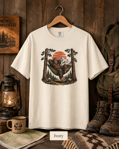 Bigfoot Hammock Camping Comfort Colors 1717 T-Shirt, Sasquatch PNW Hiking Shirt, Outdoorsy Mountain Cabin Tee