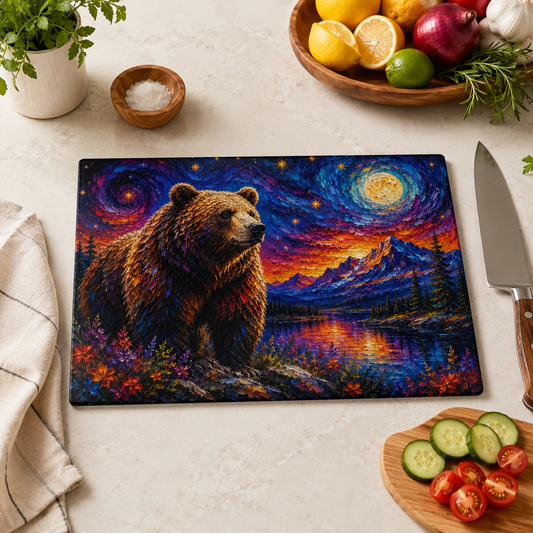 Bear Illustration Glass Cutting Board | Kitchen Animal Decor