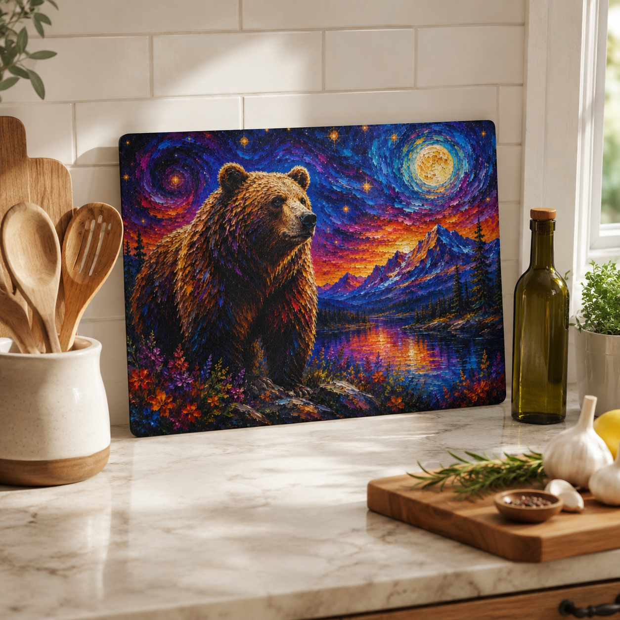 Bear Illustration Glass Cutting Board | Kitchen Animal Decor