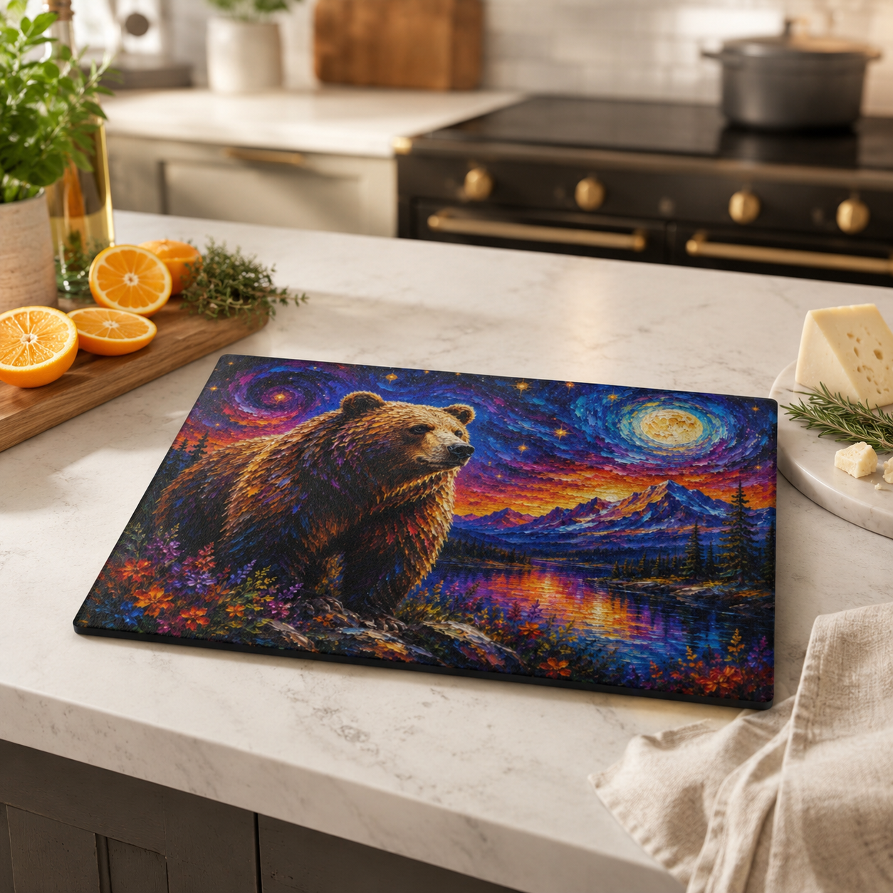Bear Illustration Glass Cutting Board | Kitchen Animal Decor