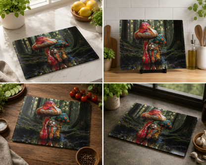 Whimsical Forest Mushrooms Glass Cutting Board — Woodland Kitchen Art