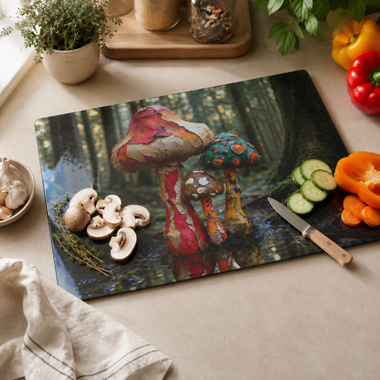 Whimsical Forest Mushrooms Glass Cutting Board — Woodland Kitchen Art