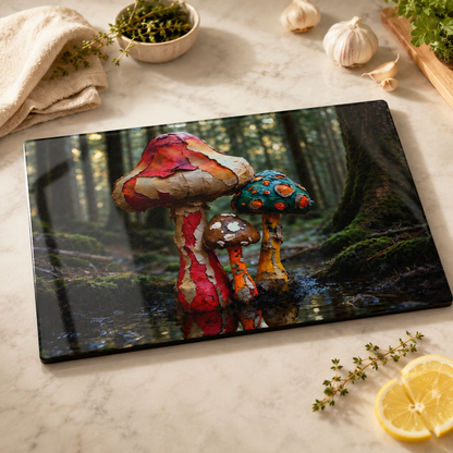 Whimsical Forest Mushrooms Glass Cutting Board — Woodland Kitchen Art