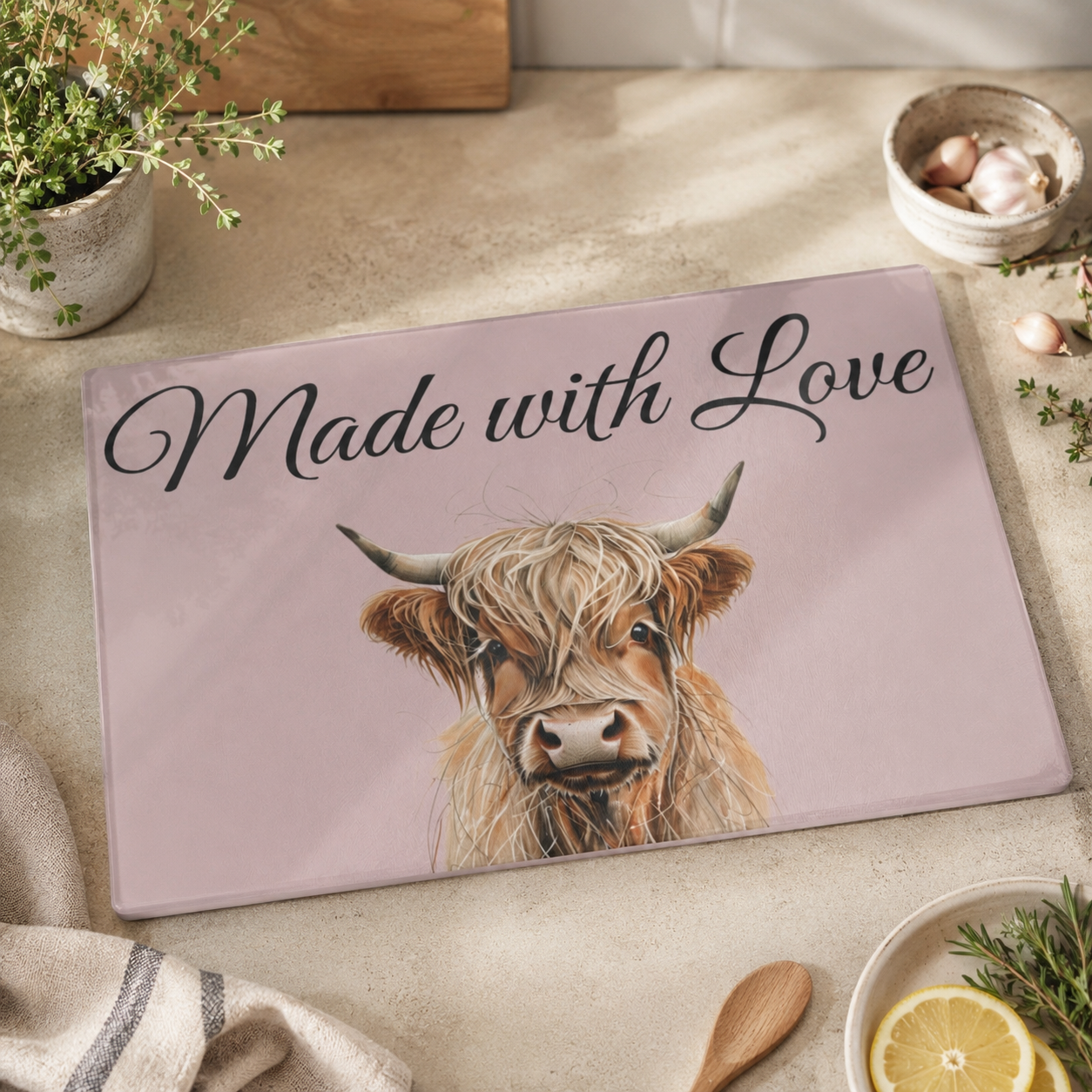Personalized Highland Cow Glass Cutting Board — Custom Kitchen Decor