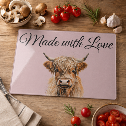 Personalized Highland Cow Glass Cutting Board — Custom Kitchen Decor