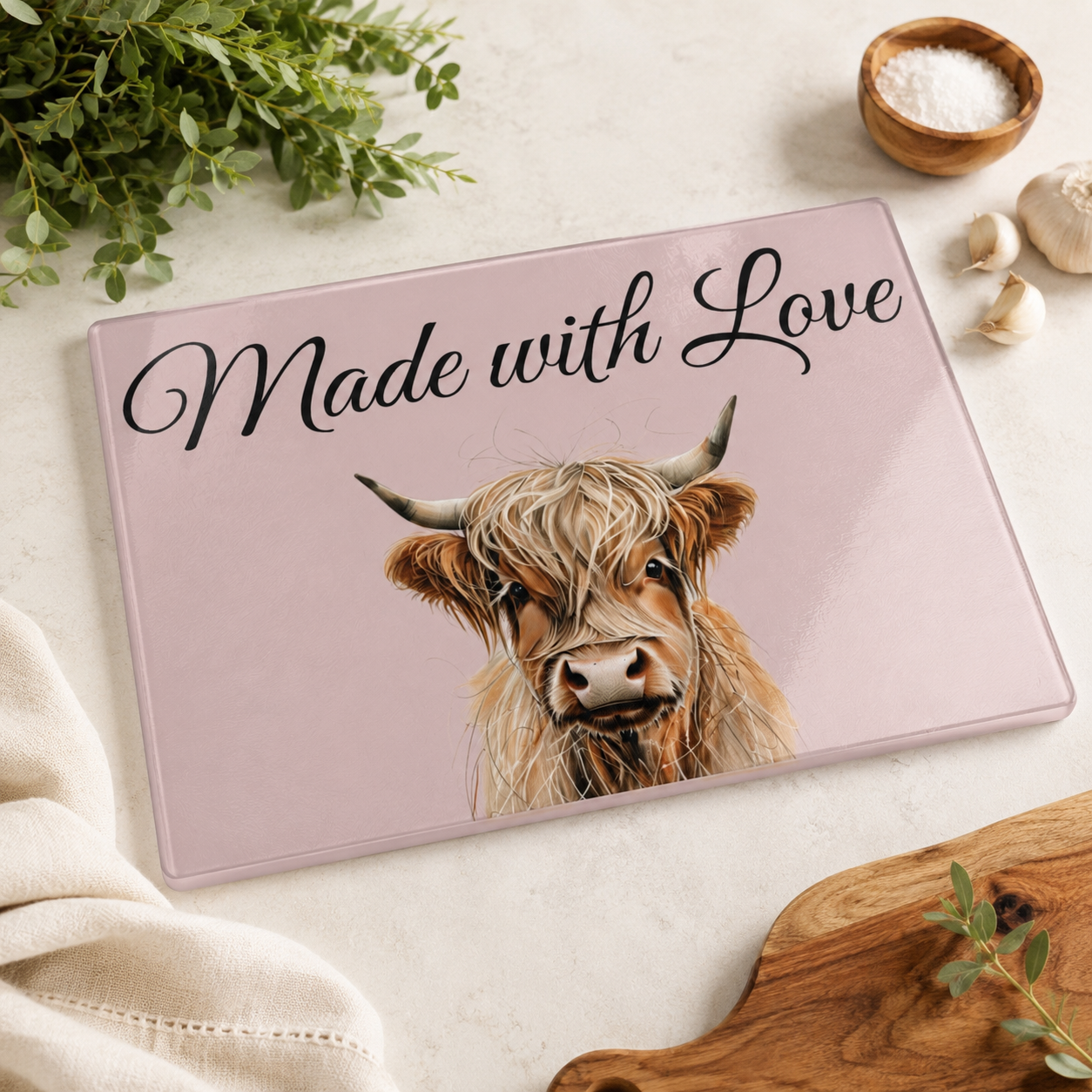 Personalized Highland Cow Glass Cutting Board — Custom Kitchen Decor