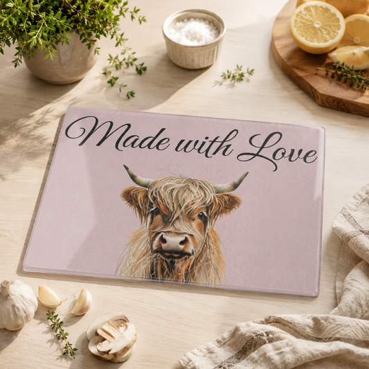 Personalized Highland Cow Glass Cutting Board — Custom Kitchen Decor