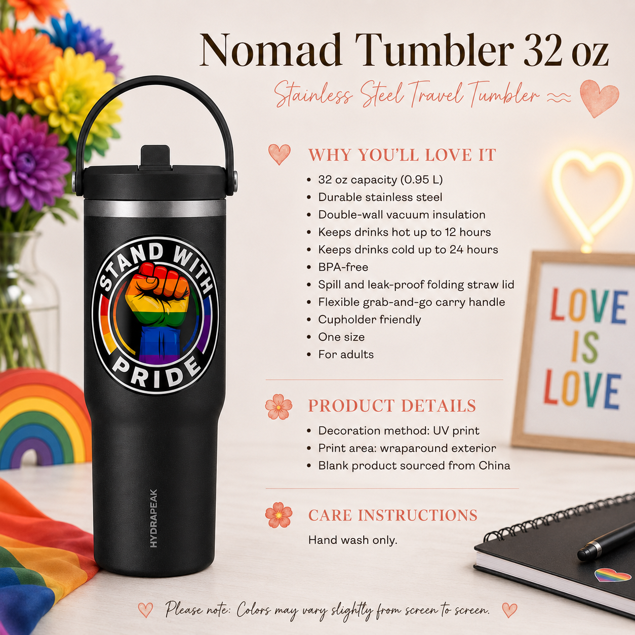 Pride Fist 32oz Tumbler — "Stand With Pride" Insulated Travel Cup