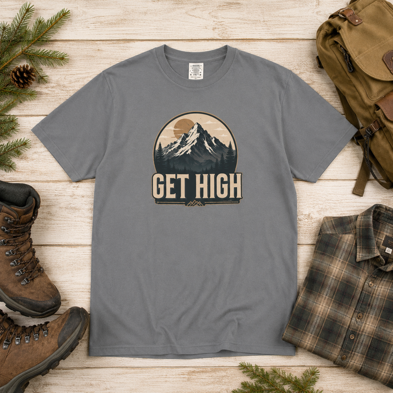 Get High Mountain Retro Outdoors Adventure T-Shirt