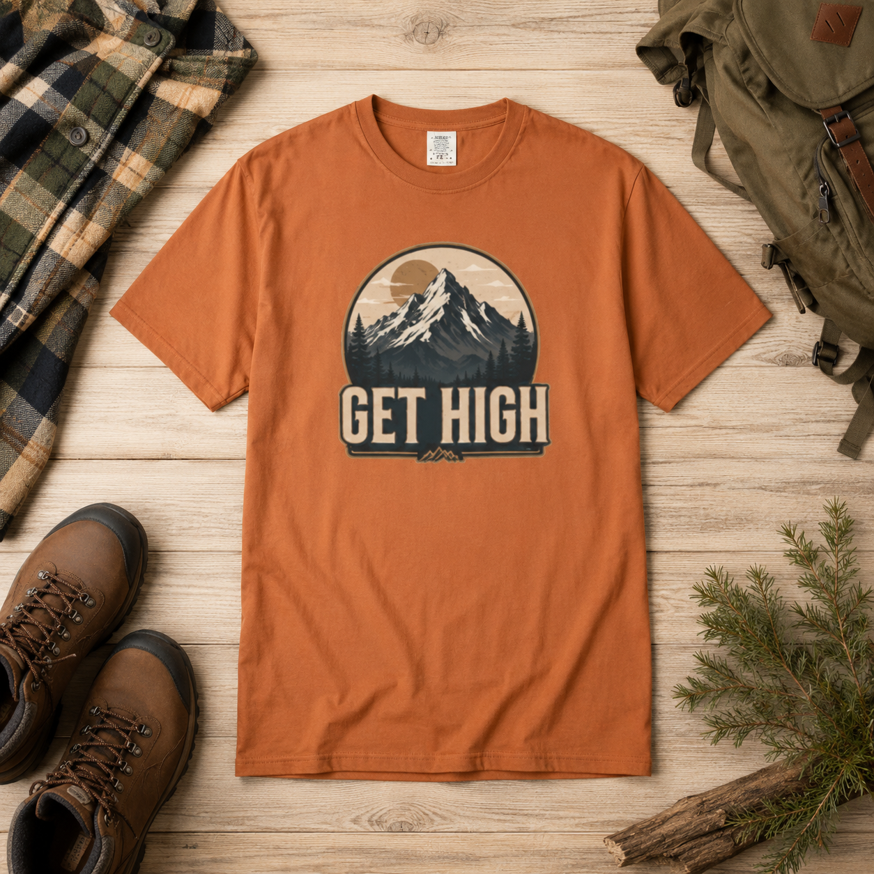 Get High Mountain Retro Outdoors Adventure T-Shirt