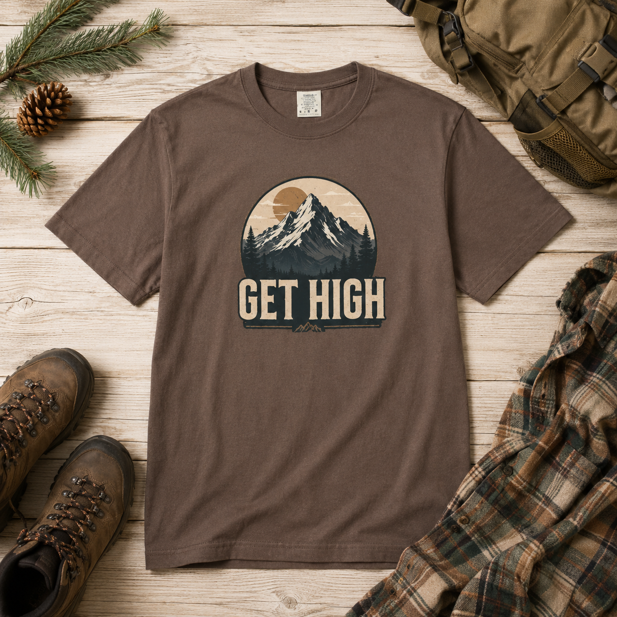 Get High Mountain Retro Outdoors Adventure T-Shirt