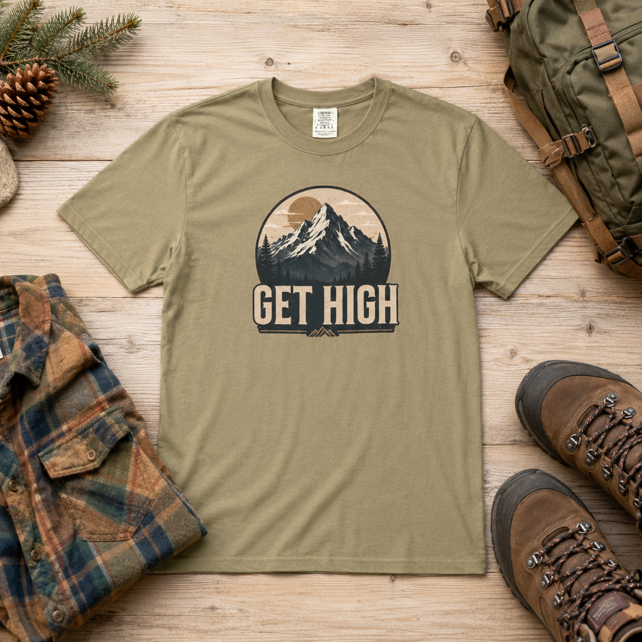 Get High Mountain Retro Outdoors Adventure T-Shirt