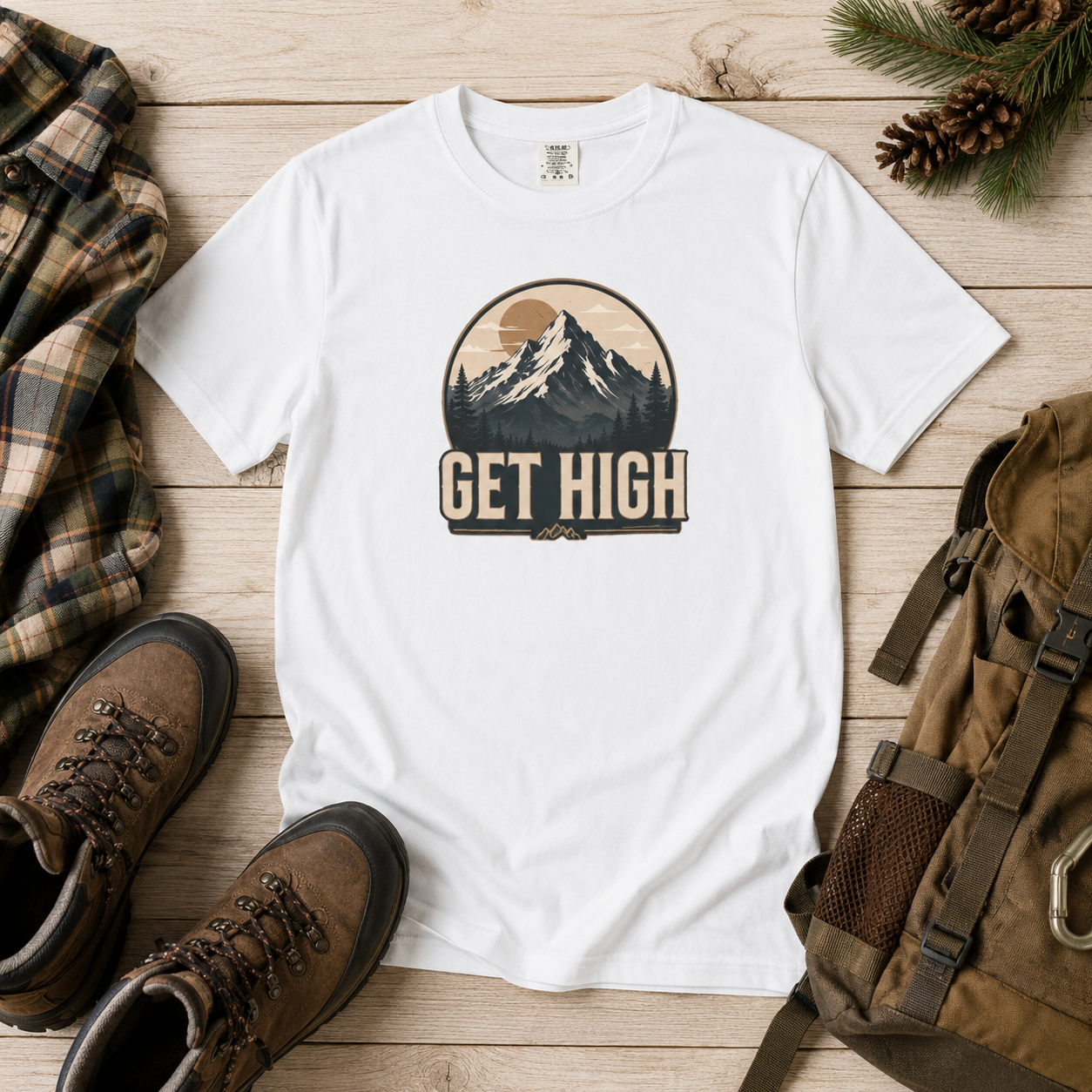 Get High Mountain Retro Outdoors Adventure T-Shirt
