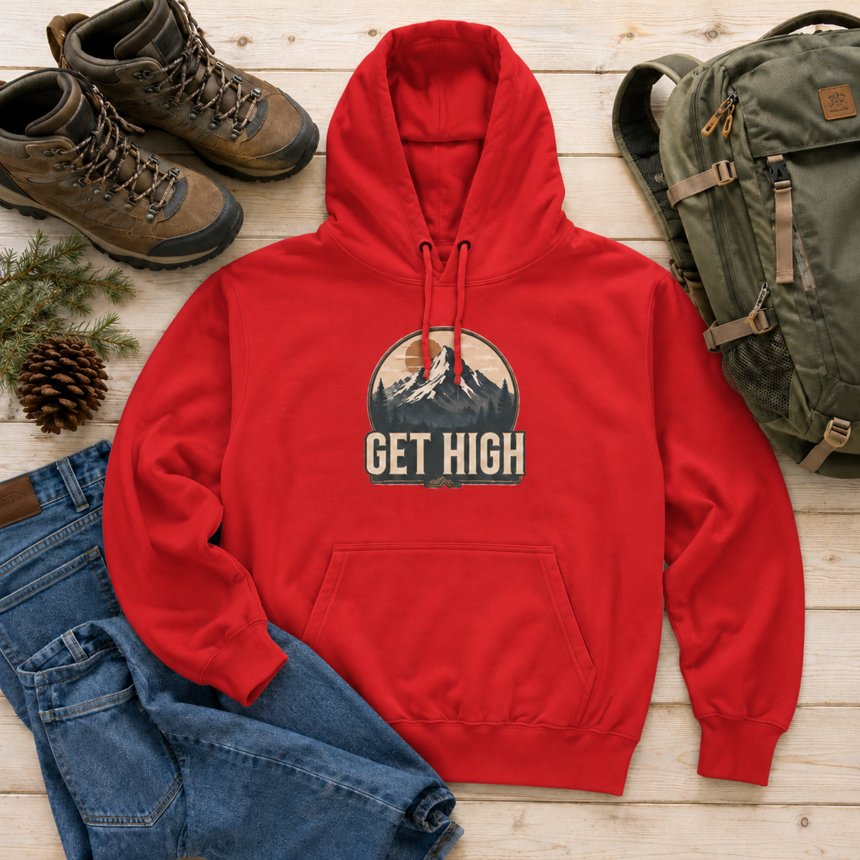 Get High Mountain Hoodie — Vintage Outdoor Adventure Graphic Hoodie