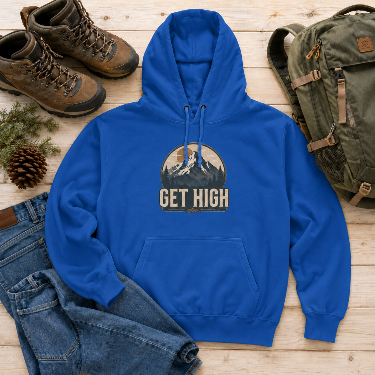 Get High Mountain Hoodie — Vintage Outdoor Adventure Graphic Hoodie