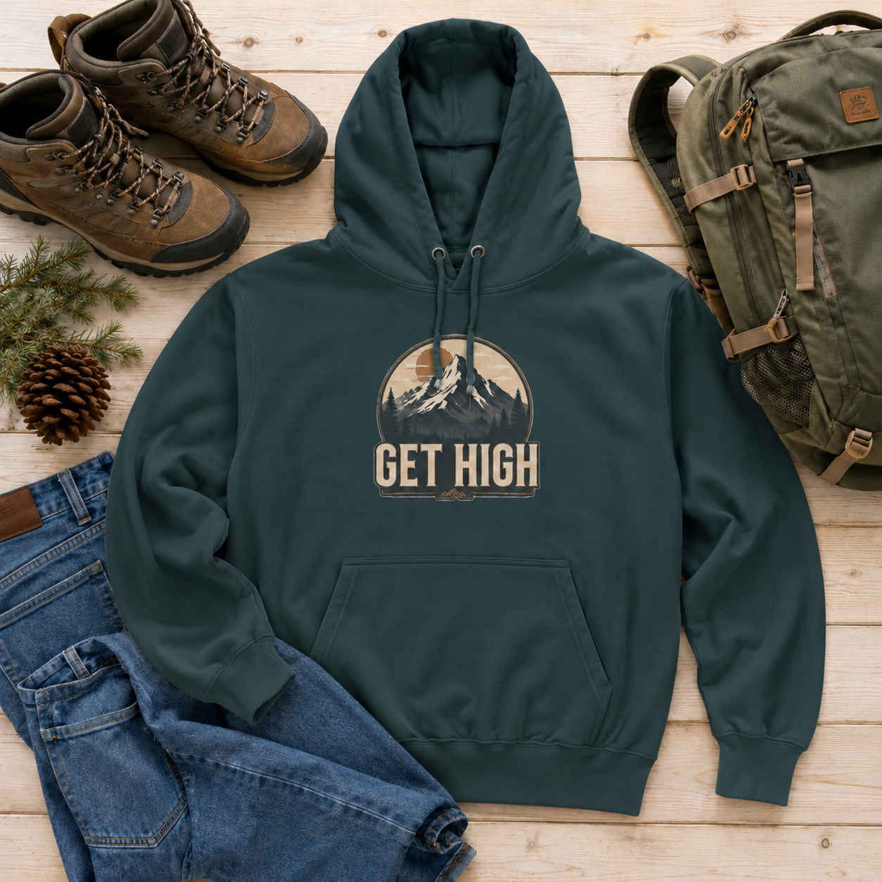 Get High Mountain Hoodie — Vintage Outdoor Adventure Graphic Hoodie