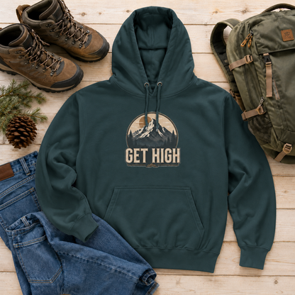 Get High Mountain Hoodie — Vintage Outdoor Adventure Graphic Hoodie