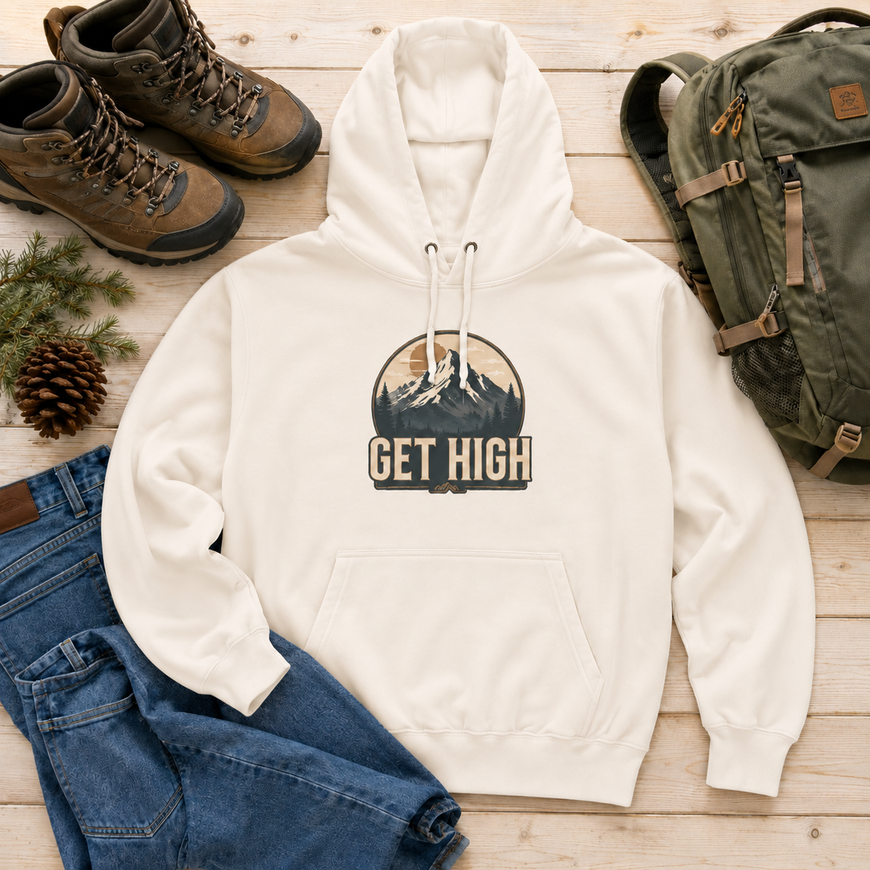 Get High Mountain Hoodie — Vintage Outdoor Adventure Graphic Hoodie