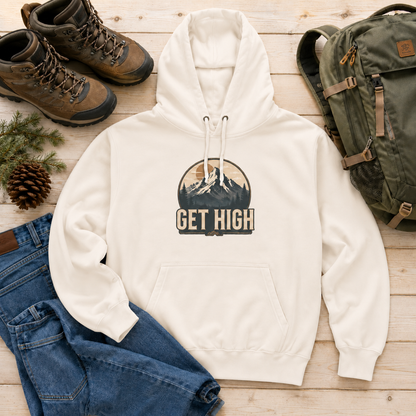 Get High Mountain Hoodie — Vintage Outdoor Adventure Graphic Hoodie