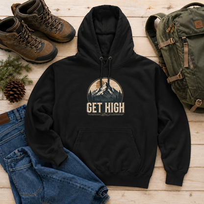 Get High Mountain Hoodie — Vintage Outdoor Adventure Graphic Hoodie