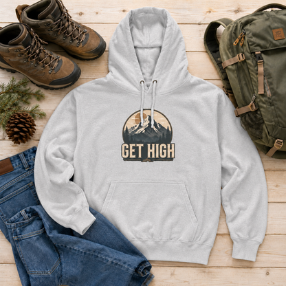 Get High Mountain Hoodie — Vintage Outdoor Adventure Graphic Hoodie