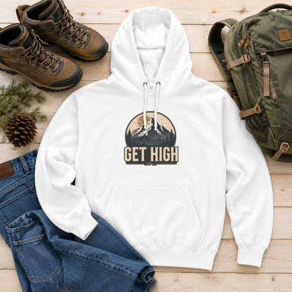Get High Mountain Hoodie — Vintage Outdoor Adventure Graphic Hoodie
