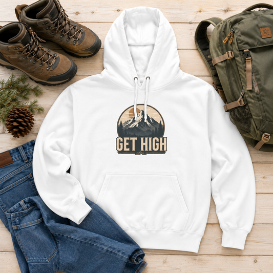 Get High Mountain Hoodie — Vintage Outdoor Adventure Graphic Hoodie