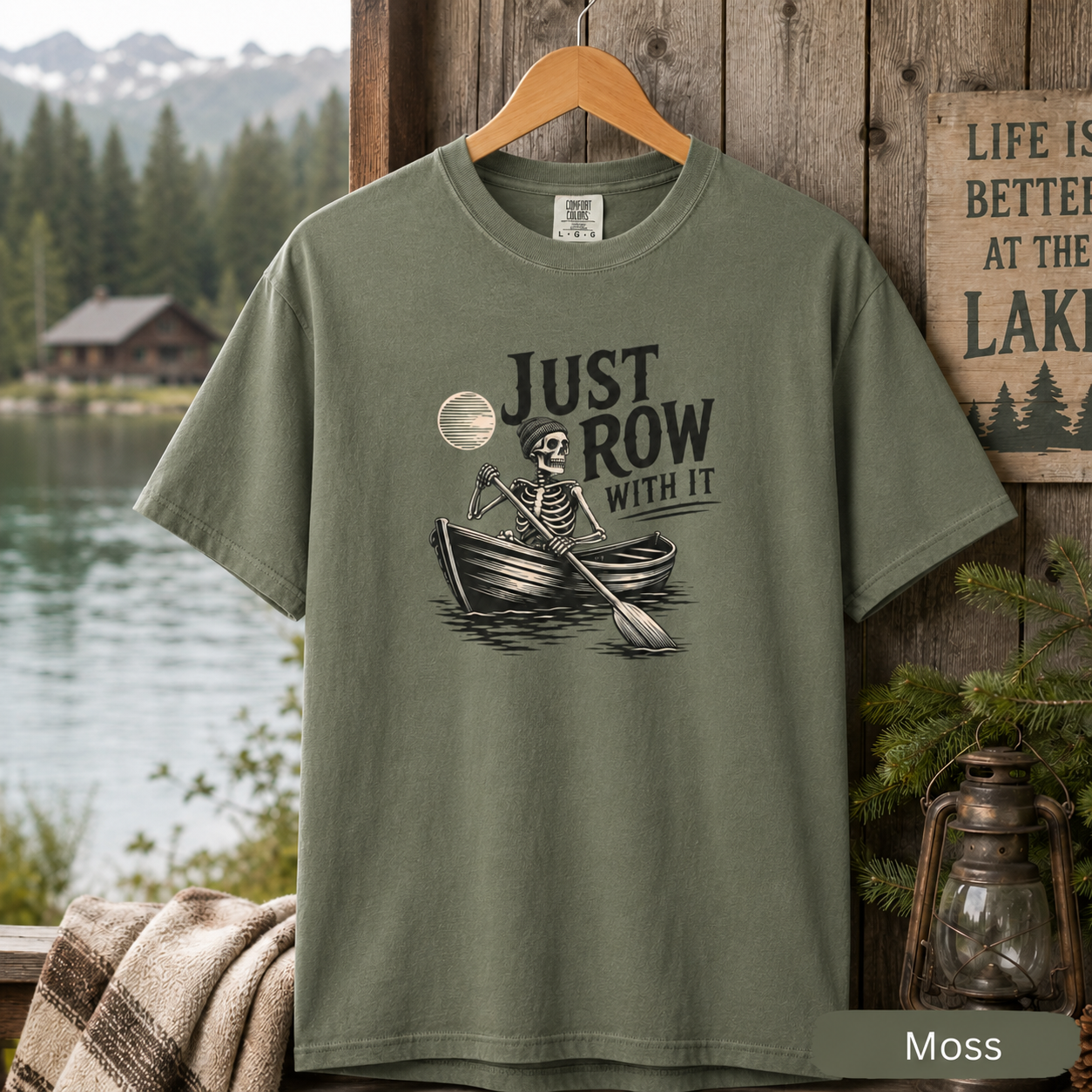 Just Row With It Skeleton Rowing Shirt | Comfort Colors Lake Life Tee | Funny Rowboat Graphic T-Shirt