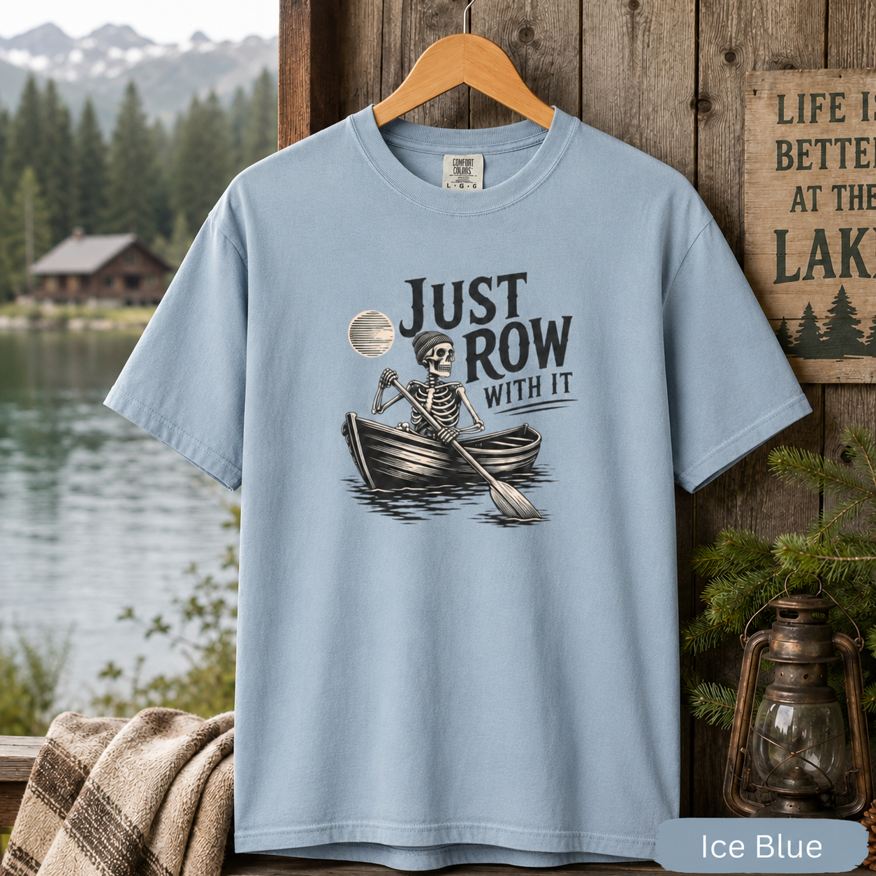 Just Row With It Skeleton Rowing Shirt | Comfort Colors Lake Life Tee | Funny Rowboat Graphic T-Shirt