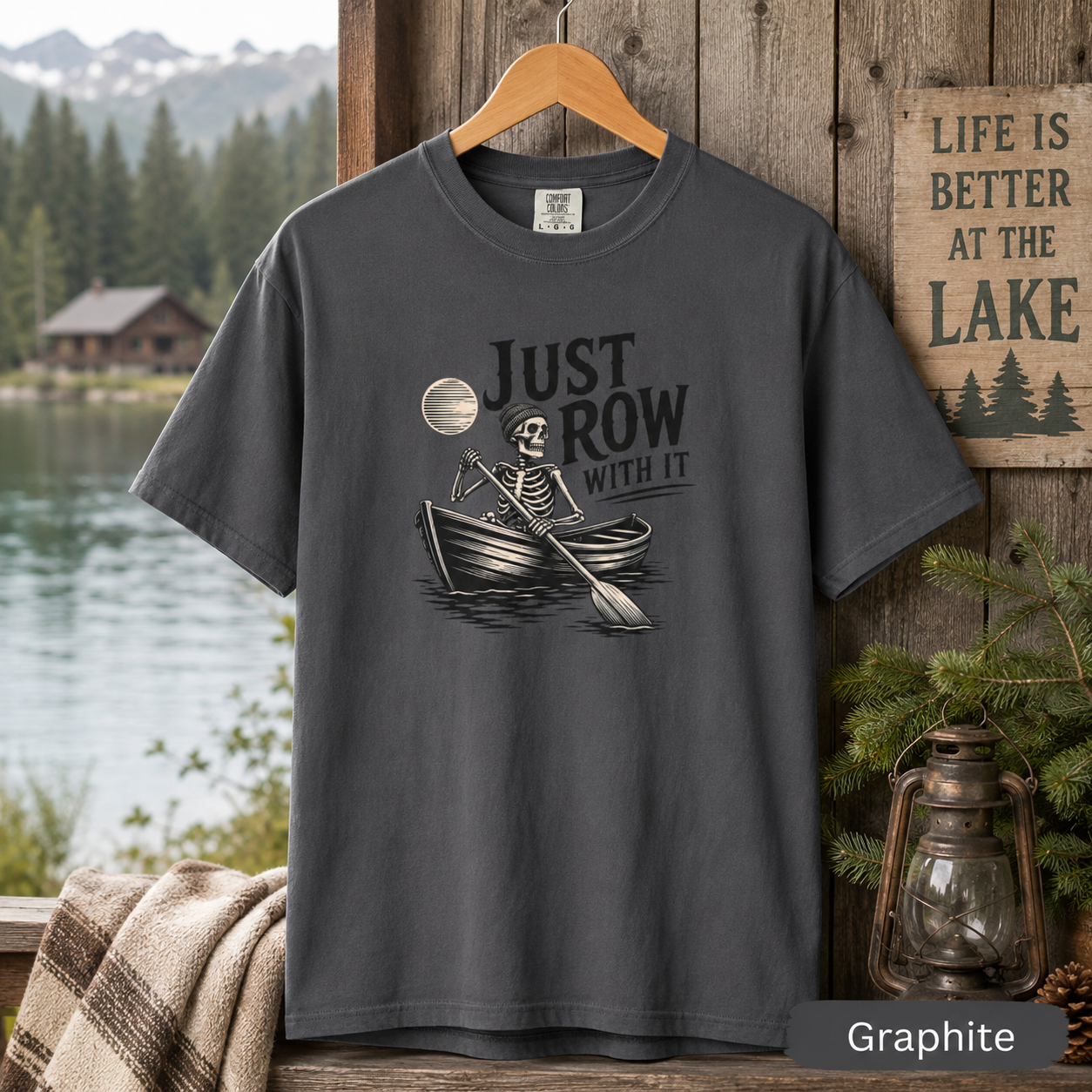 Just Row With It Skeleton Rowing Shirt | Comfort Colors Lake Life Tee | Funny Rowboat Graphic T-Shirt