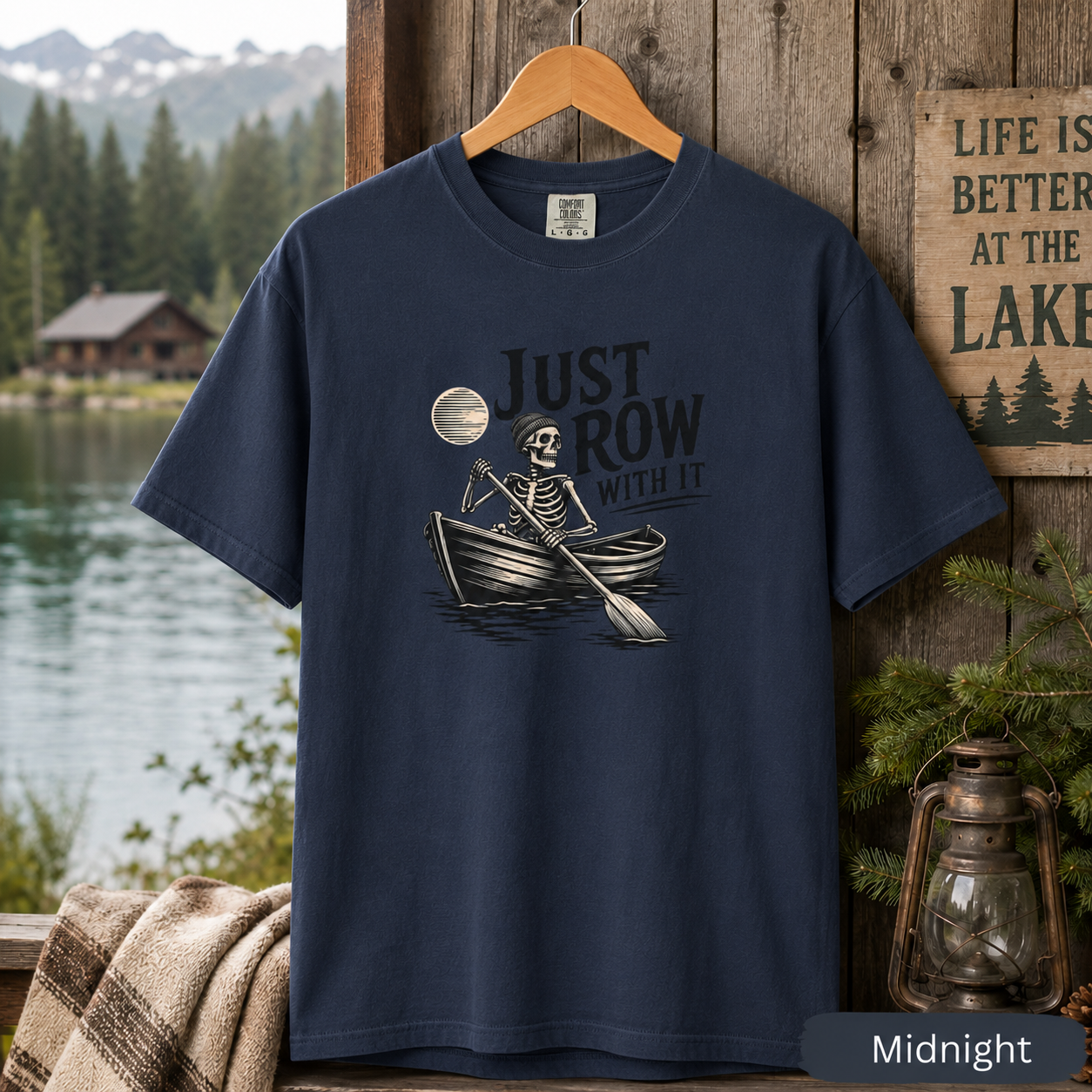 Just Row With It Skeleton Rowing Shirt | Comfort Colors Lake Life Tee | Funny Rowboat Graphic T-Shirt