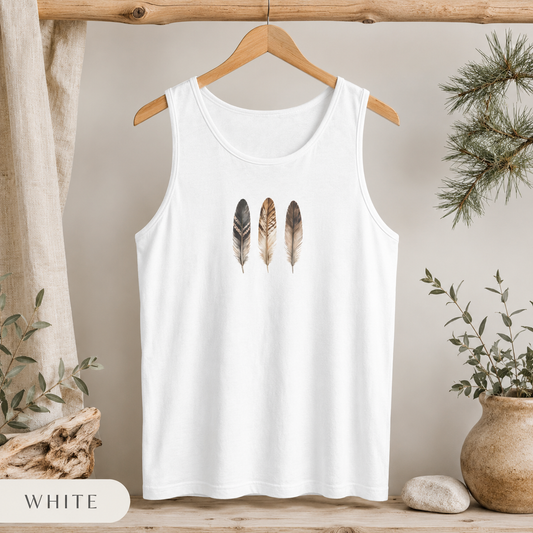 Feather Trio Tank Top — Minimal Boho Feather Graphic Tank