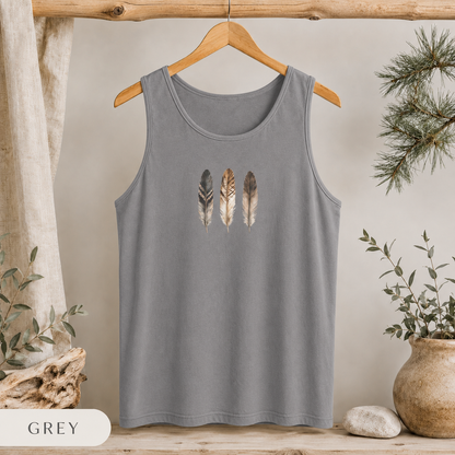 Feather Trio Tank Top — Minimal Boho Feather Graphic Tank