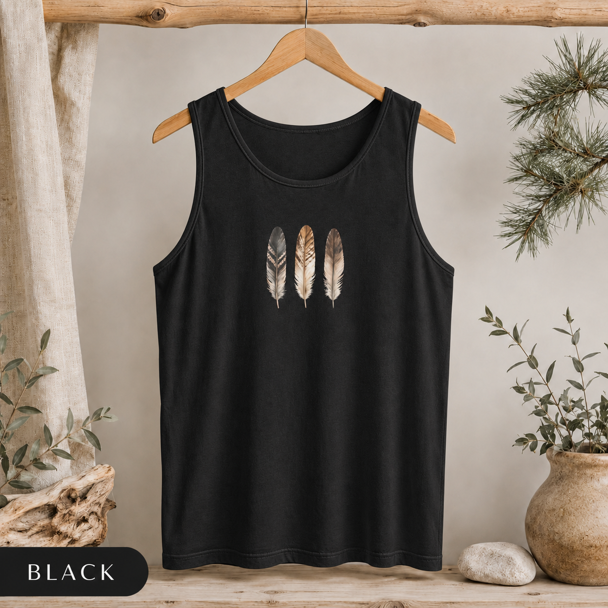 Feather Trio Tank Top — Minimal Boho Feather Graphic Tank