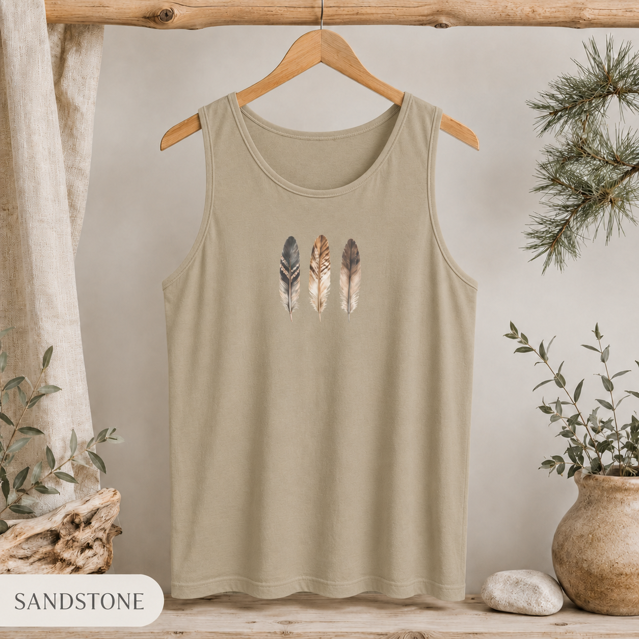 Feather Trio Tank Top — Minimal Boho Feather Graphic Tank
