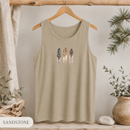 Feather Trio Tank Top — Minimal Boho Feather Graphic Tank