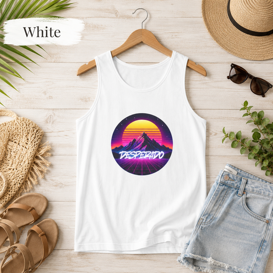 Desperado Retro Sunset Tank Top — 80s Vaporwave Mountain Graphic