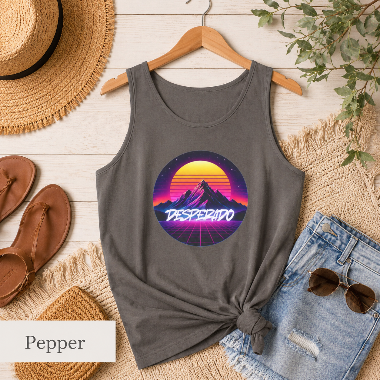 Desperado Retro Sunset Tank Top — 80s Vaporwave Mountain Graphic