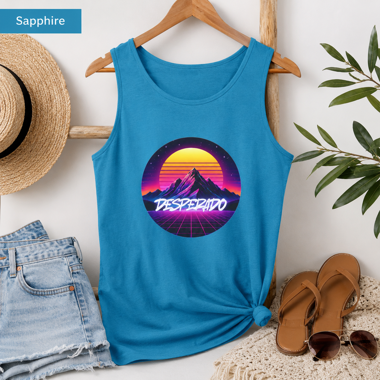 Desperado Retro Sunset Tank Top — 80s Vaporwave Mountain Graphic