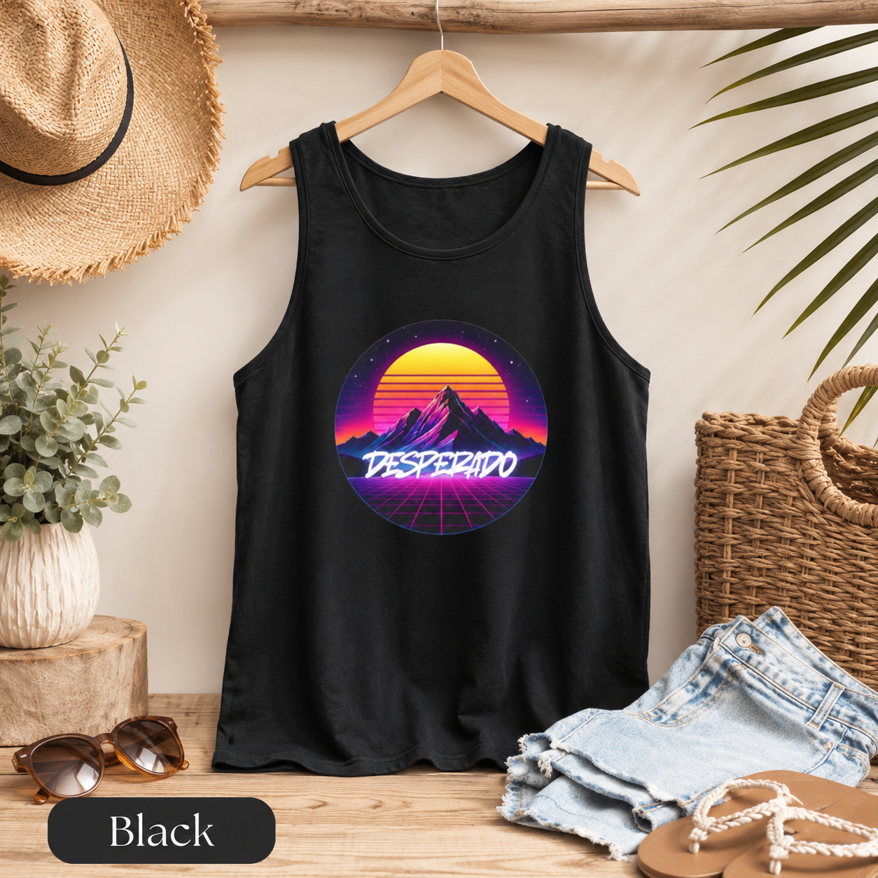 Desperado Retro Sunset Tank Top — 80s Vaporwave Mountain Graphic