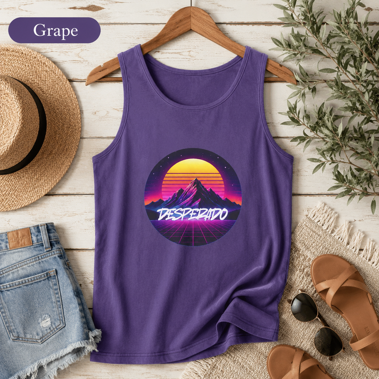 Desperado Retro Sunset Tank Top — 80s Vaporwave Mountain Graphic