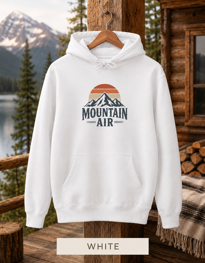 Mountain Air Hoodie — Retro Sunset Mountain Graphic Pullover