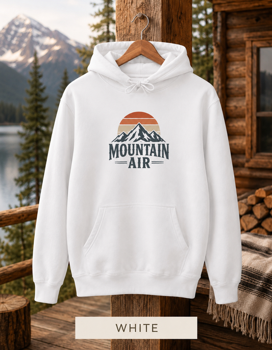 Mountain Air Hoodie — Retro Sunset Mountain Graphic Pullover