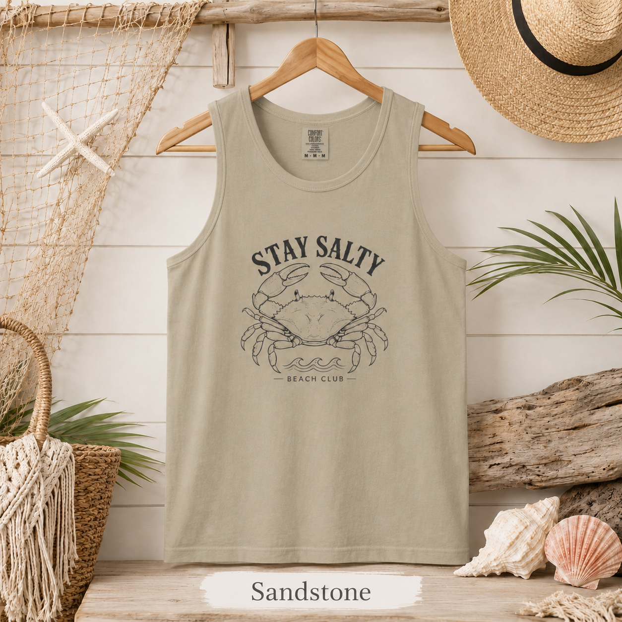Stay Salty Crab Tank Top — Coastal Beach Club Graphic Tank